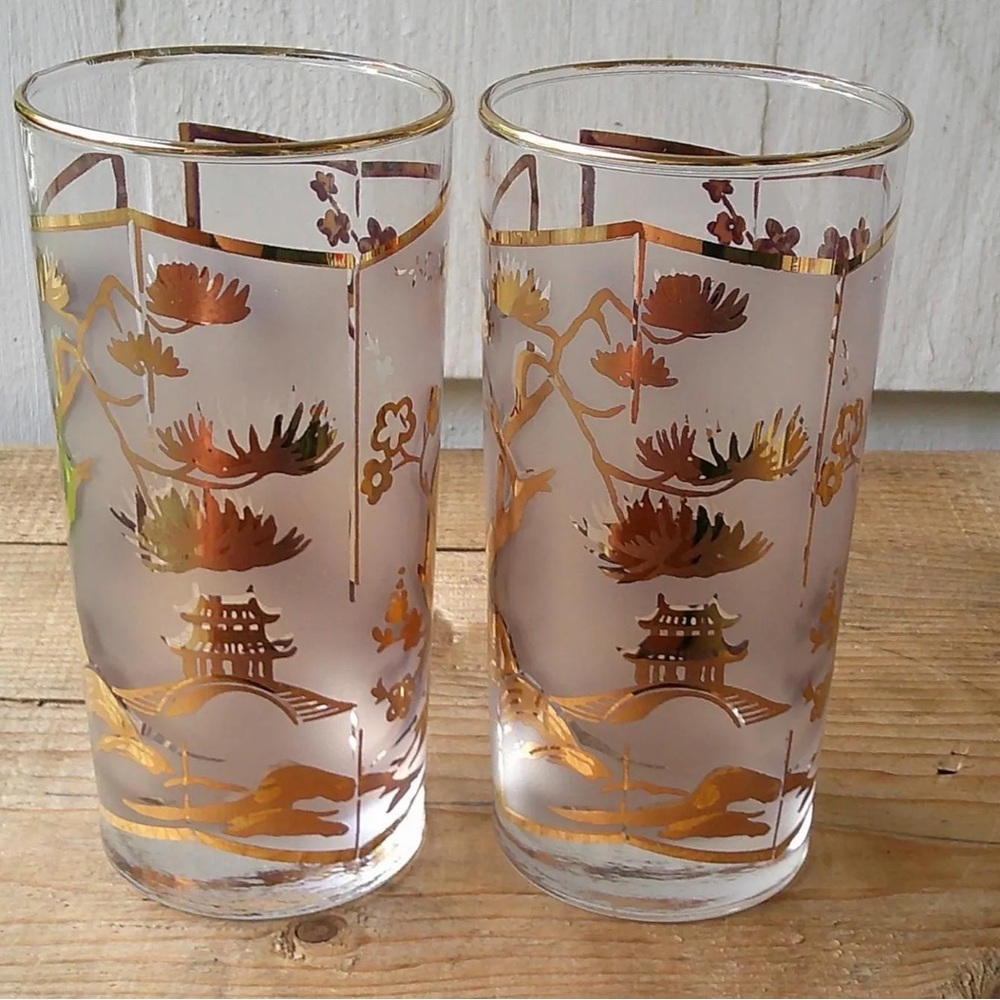set of 4 vintage Libbey Fuji Screen (Asian Pagoda / Chinoiserie highball glasses
